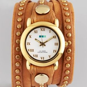 La Mer Studded brown leather wrap watch